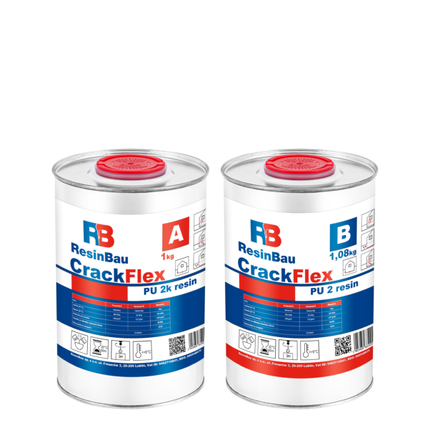 Opakowanie produktu ResinBau CrackFlex - innowacyjnej żywicy iniekcyjnej do skutecznego uszczelniania.