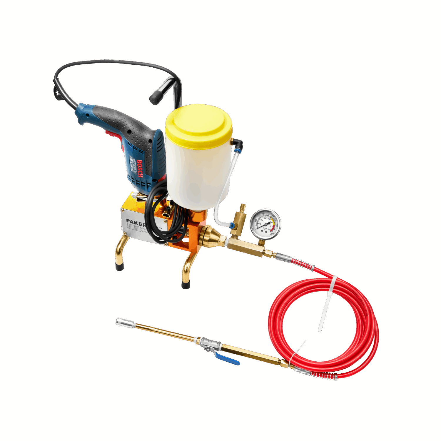 Profesjonalna tłokowa pompa iniekcyjna PI-PUMP 6000+ z płynną regulacją ciśnienia i przepływu, napędem wiertarkowym BOSCH i zestawem akcesoriów do wysokociśnieniowej iniekcji. Idealna dla specjalistów szukających precyzyjnego i niezawodnego narzędzia.