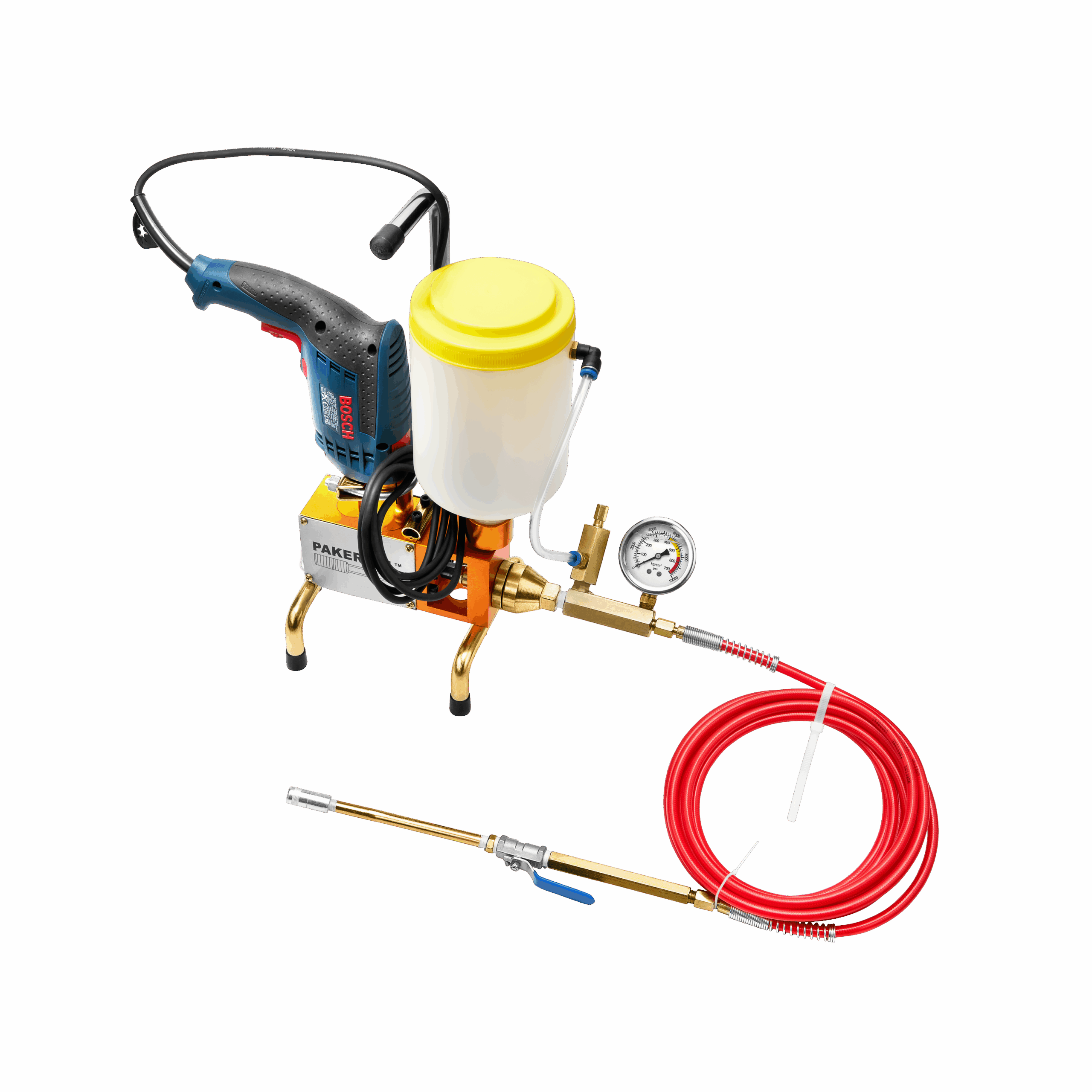 Profesjonalna tłokowa pompa iniekcyjna PI-PUMP 6000+ z płynną regulacją ciśnienia i przepływu, napędem wiertarkowym BOSCH i zestawem akcesoriów do wysokociśnieniowej iniekcji. Idealna dla specjalistów szukających precyzyjnego i niezawodnego narzędzia.