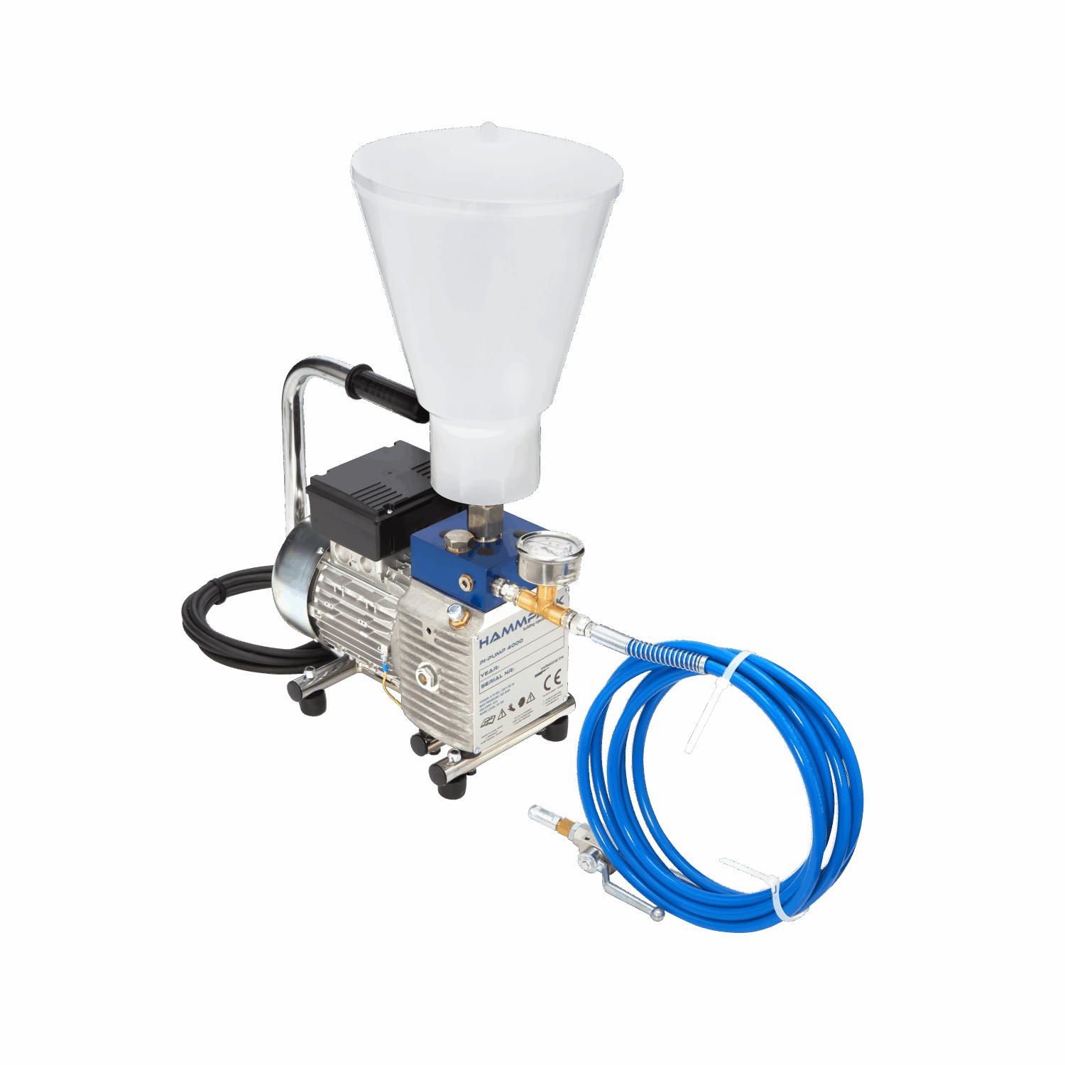 Profesjonalna pompa iniekcyjna PI-PUMP 4000, idealna do pracy z różnymi żywicami i dyspersjami, wyposażona w silnik zgodny z normami CE i elementy ze stali nierdzewnej.