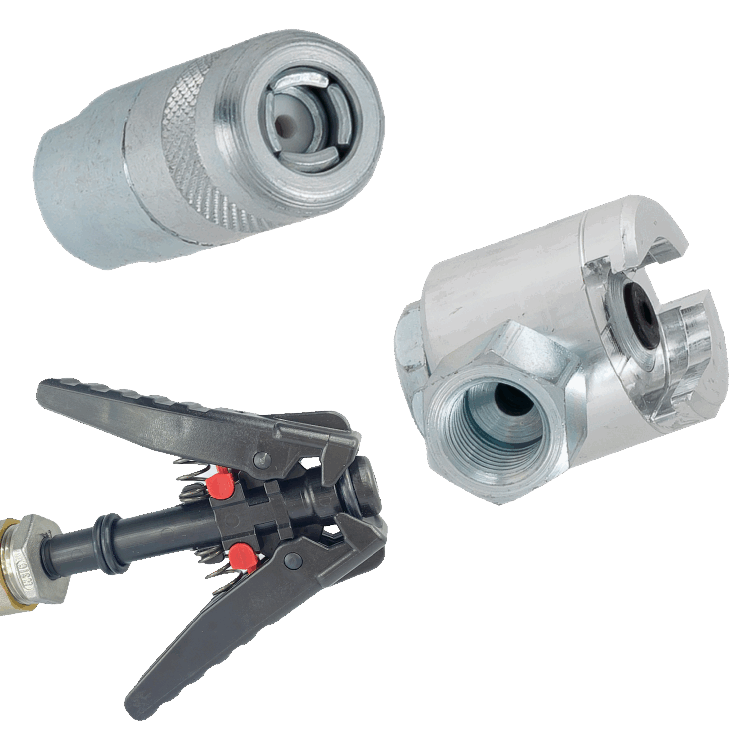 Zdjęcie zbiorowe przedstawiające trzy różne typy nasad iniekcyjnych na jednym tle.