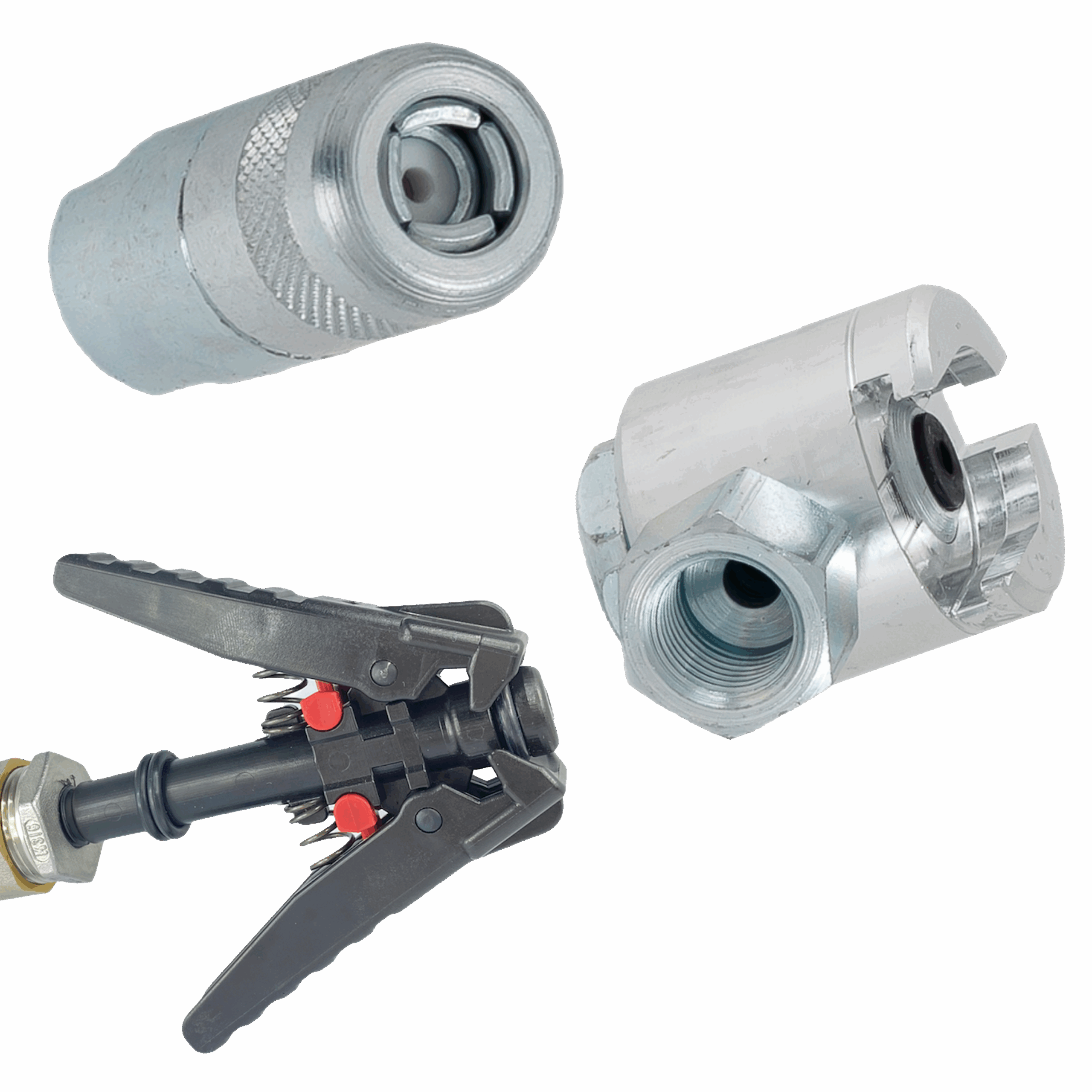 Zdjęcie zbiorowe przedstawiające trzy różne typy nasad iniekcyjnych na jednym tle.